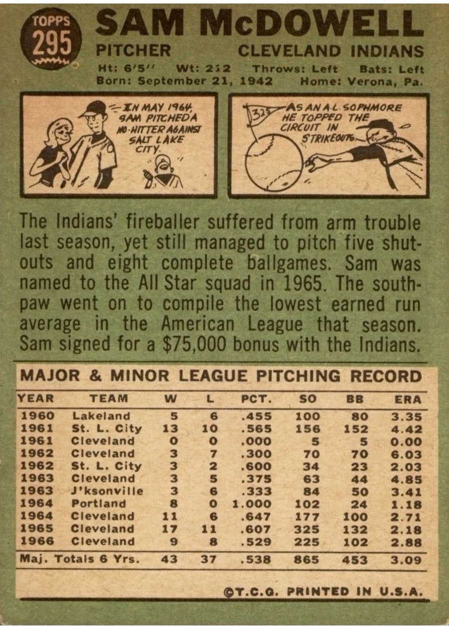 1967 Topps #295 Sam McDowell card back