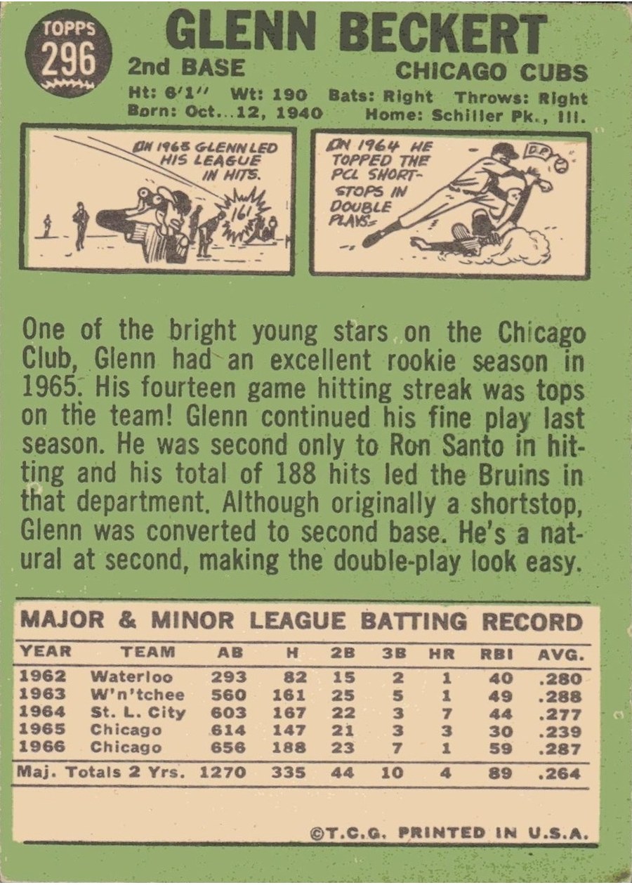 1967 Topps #296 Glenn Beckert card back
