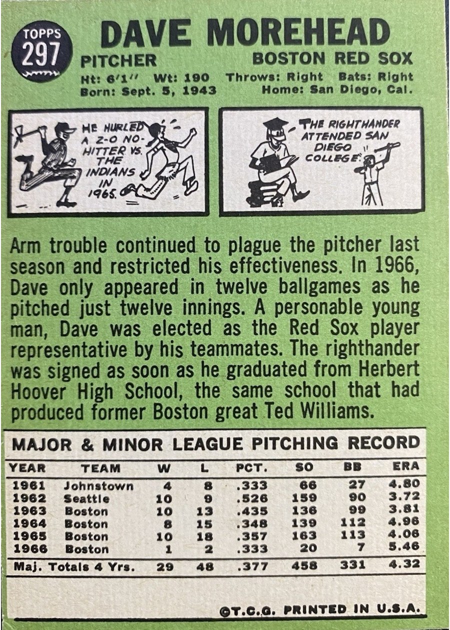 1967 Topps #297 Dave Morehead card back
