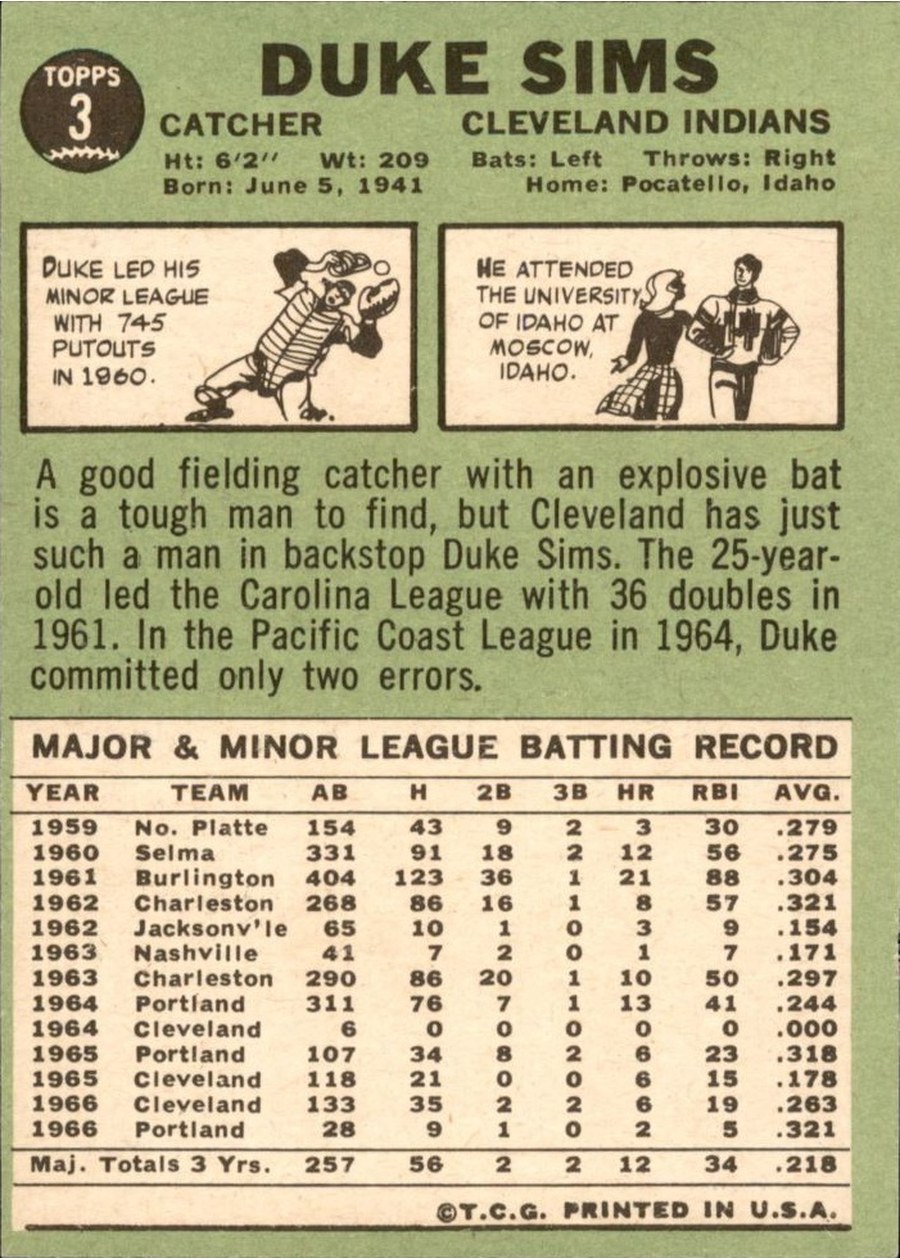 1967 Topps #3 Duke Sims card back