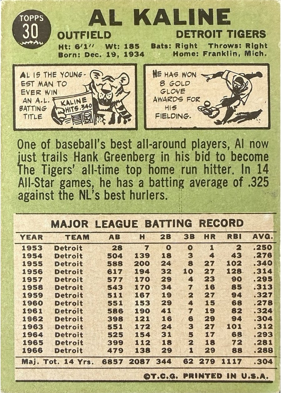1967 Topps #30 Al Kaline card back
