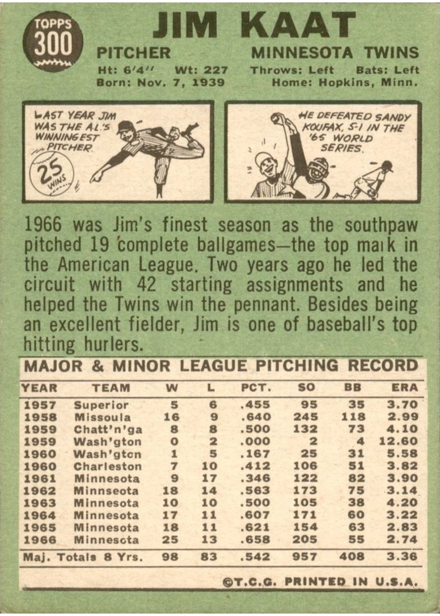 1967 Topps #300 Jim Kaat card back