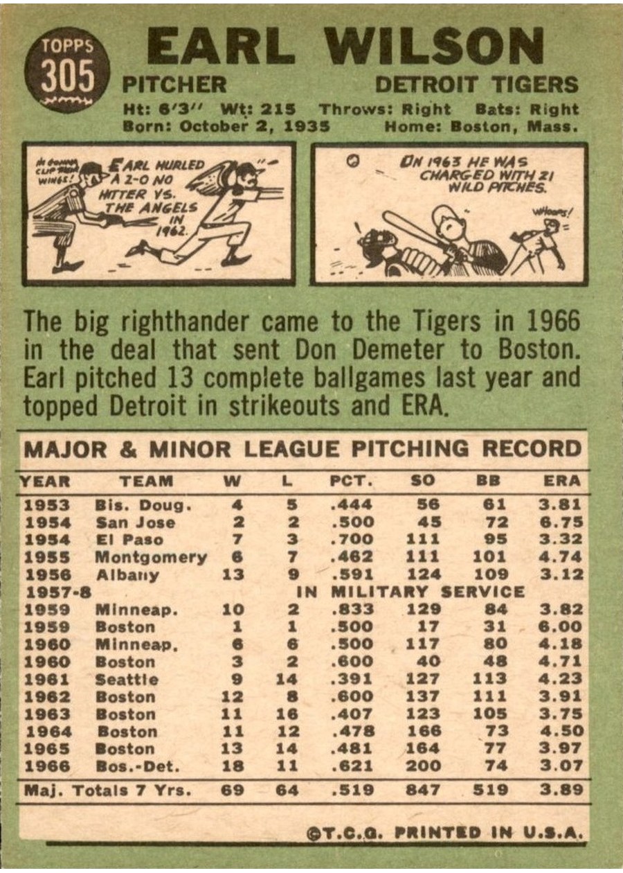 1967 Topps #305 Earl Wilson card back