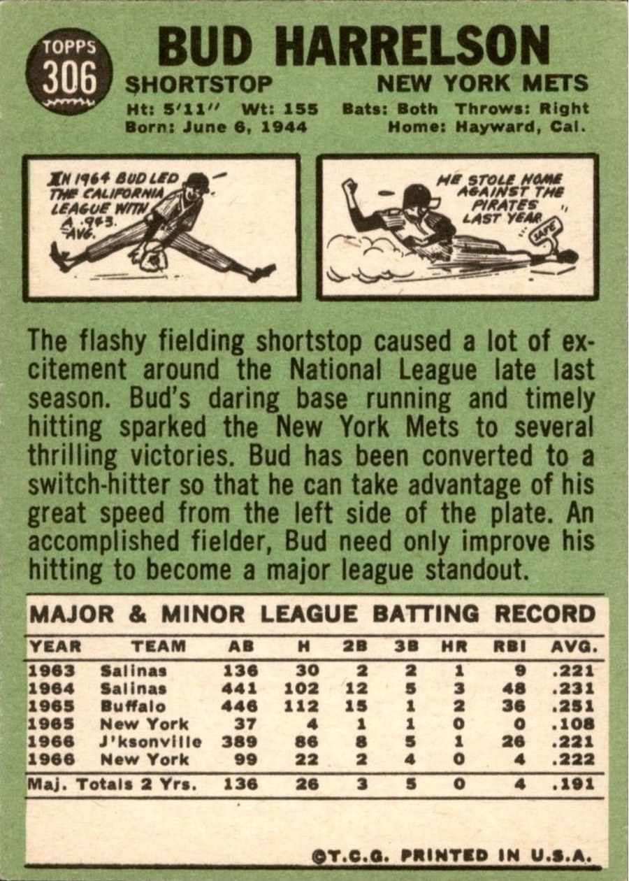 1967 Topps #306 Bud Harrelson card back