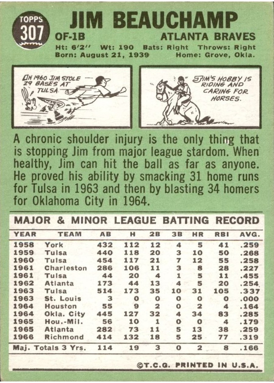 1967 Topps #307 Jim Beauchamp card back
