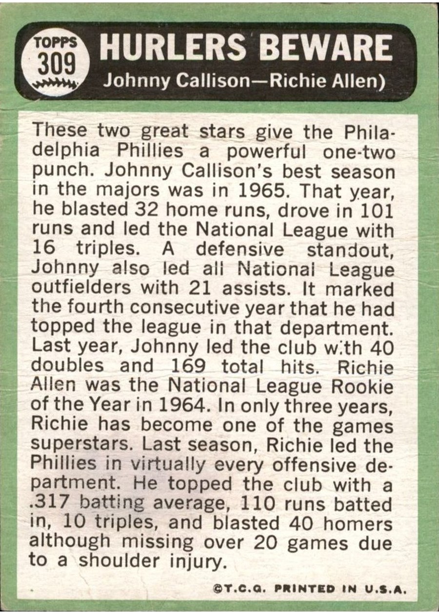 1967 Topps #309 Hurlers Beware card back