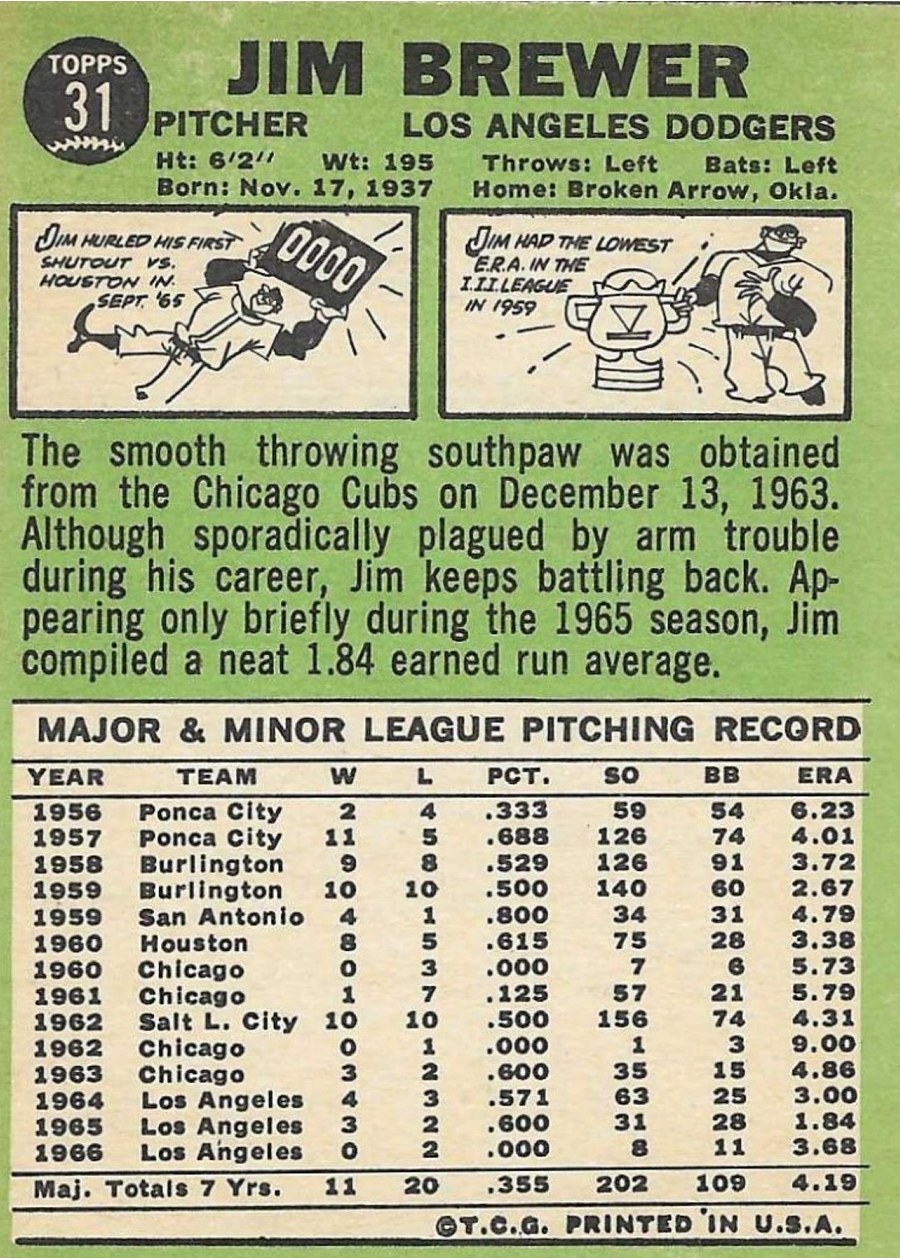 1967 Topps #31 Jim Brewer card back