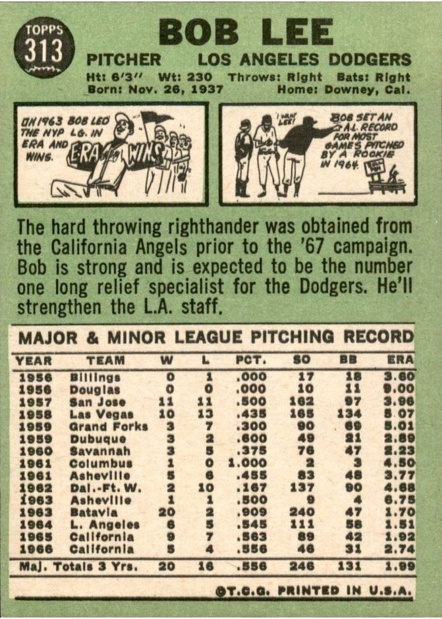 1967 Topps #313 Bob Lee card back