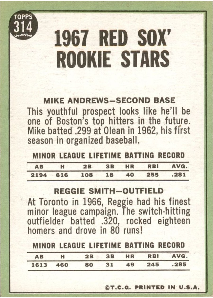 1967 Topps #314 Red Sox 1967 Rookie Stars card back