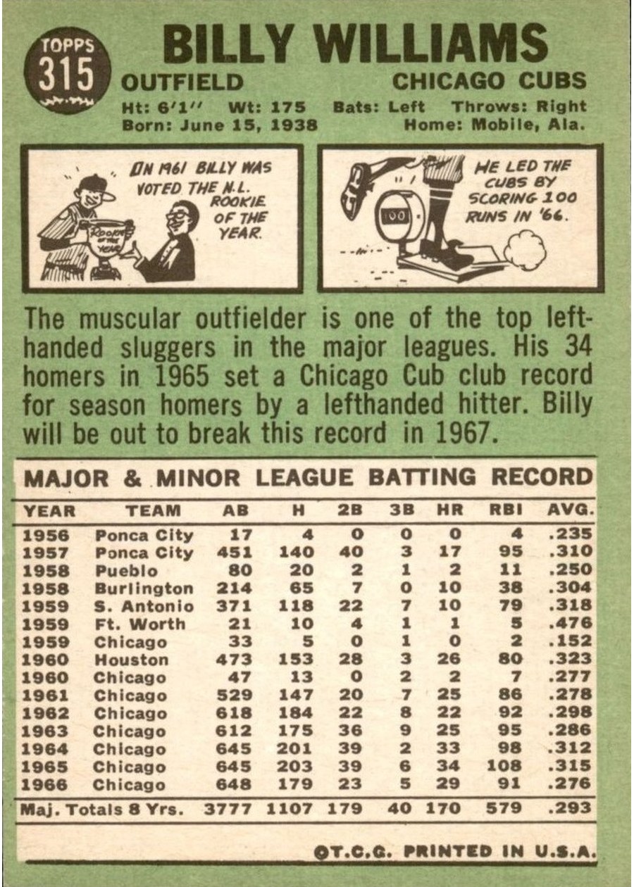 1967 Topps #315 Billy Williams card back