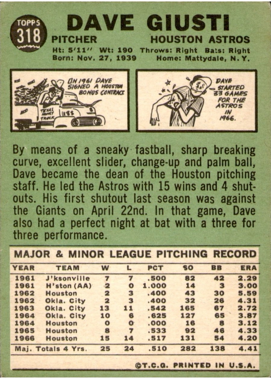 1967 Topps #318 Dave Giusti card back