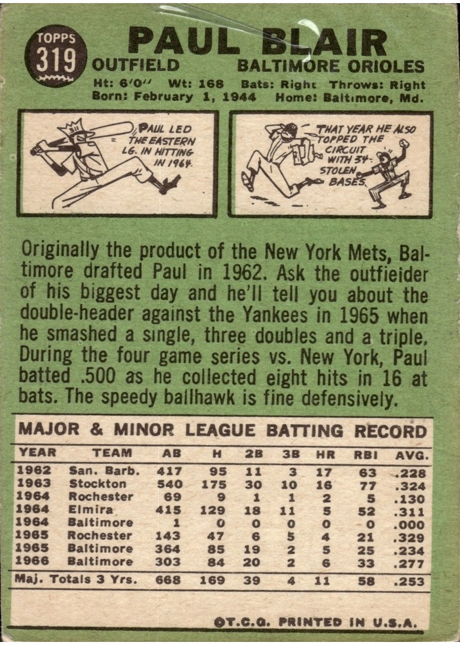1967 Topps #319 Paul Blair card back