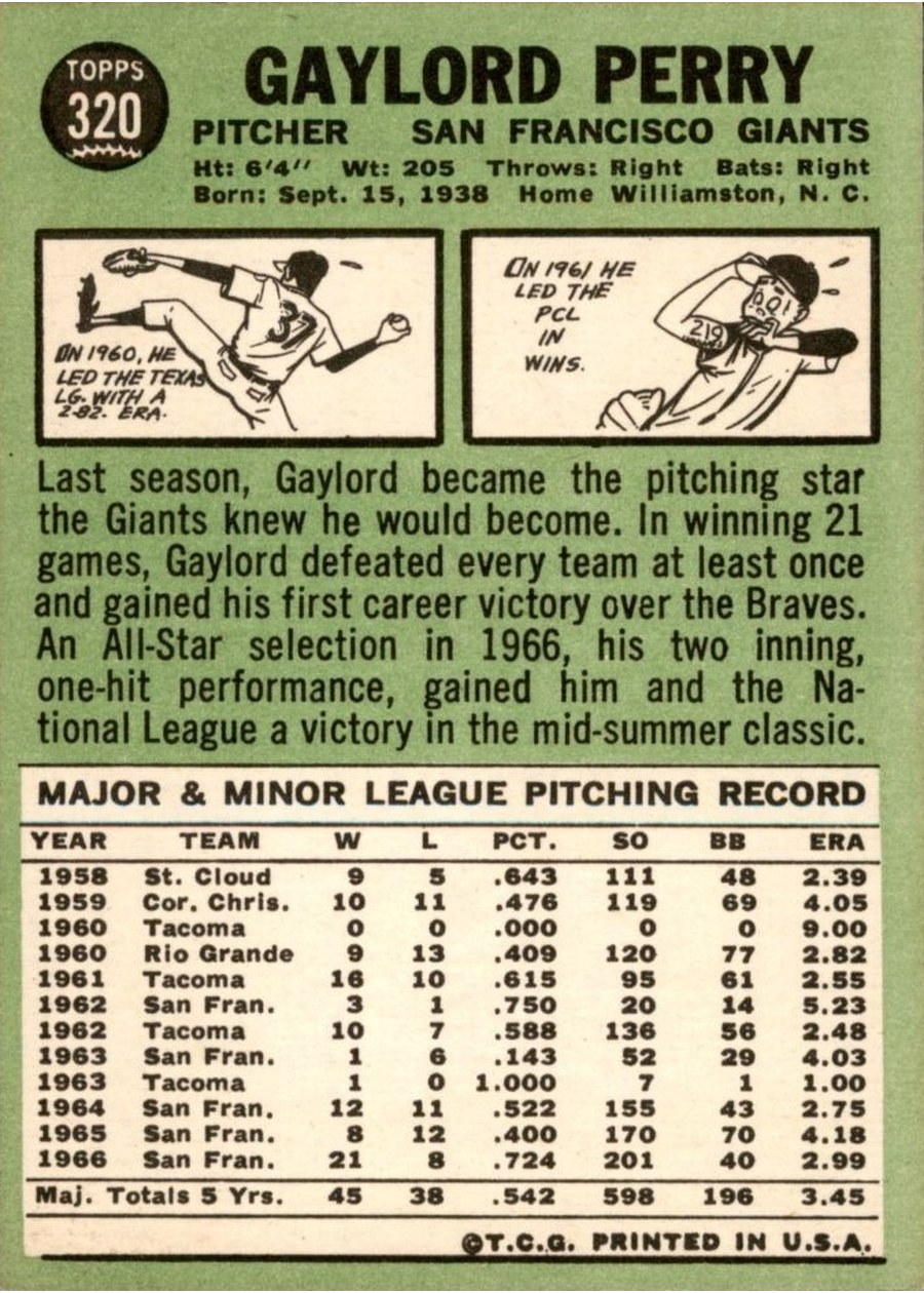 1967 Topps #320 Gaylord Perry card back
