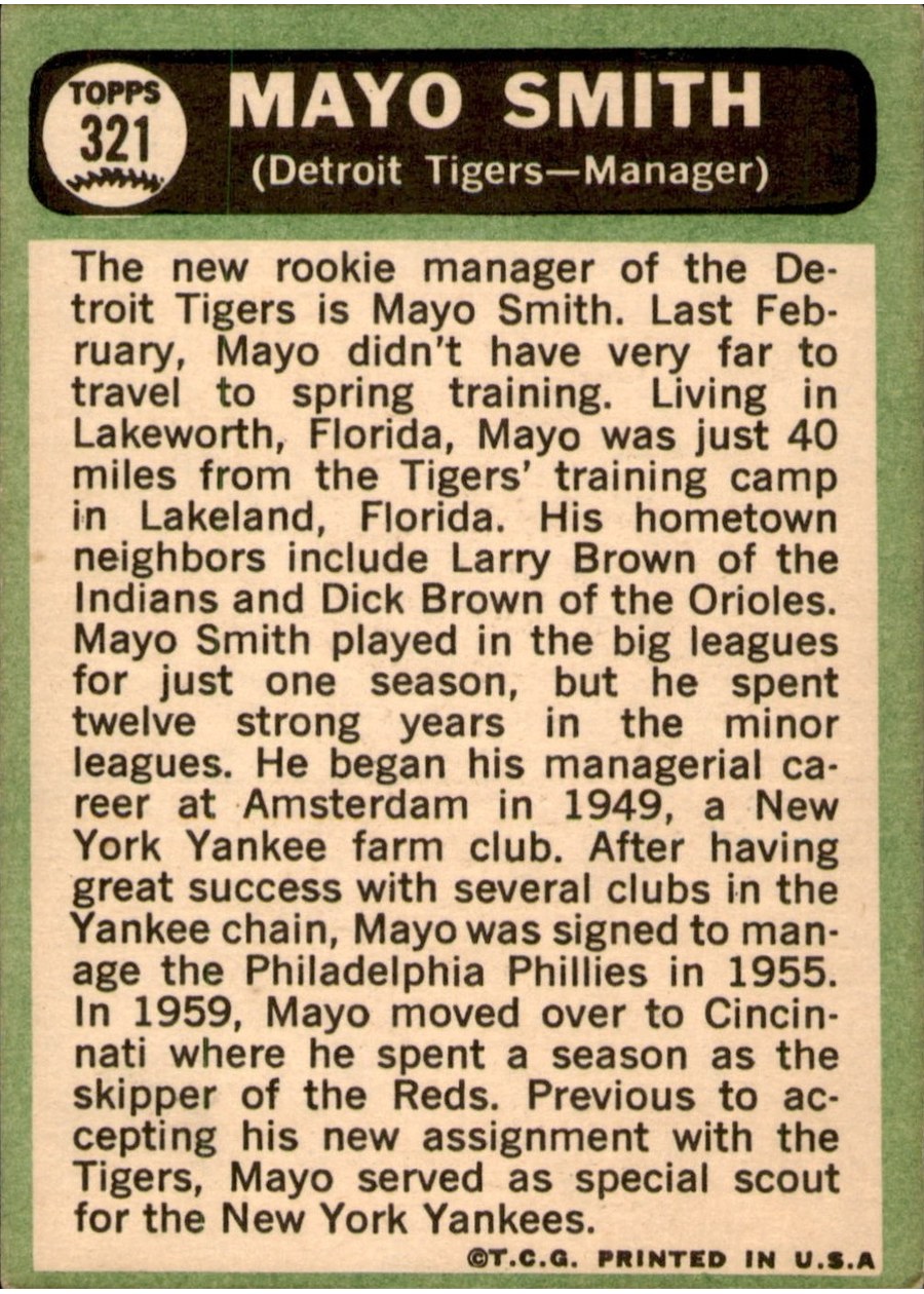1967 Topps #321 Mayo Smith card back