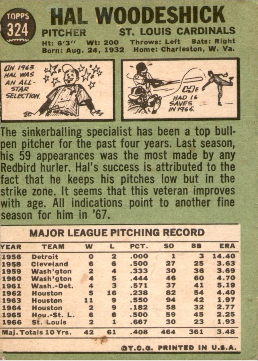 1967 Topps #324 Hal Woodeshick card back