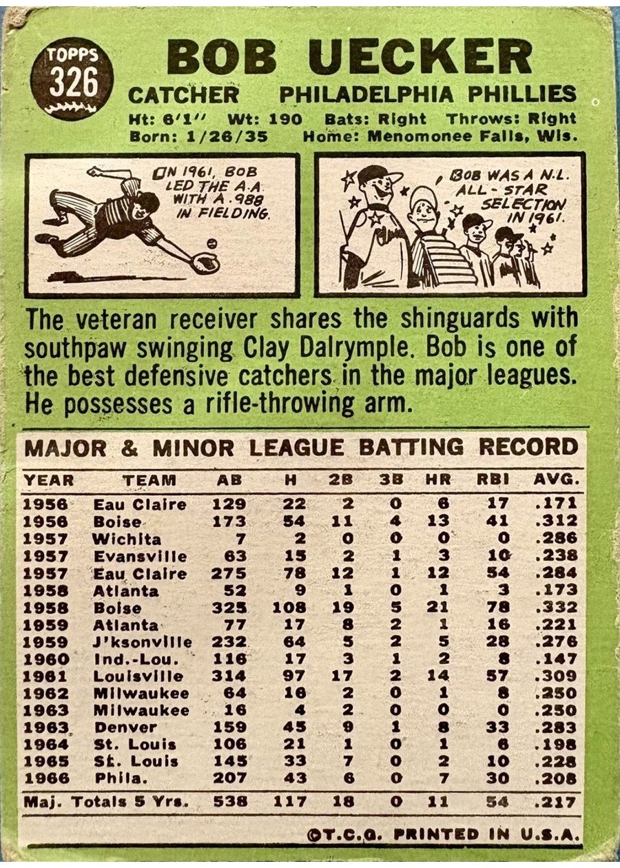 1967 Topps #326 Bob Uecker card back