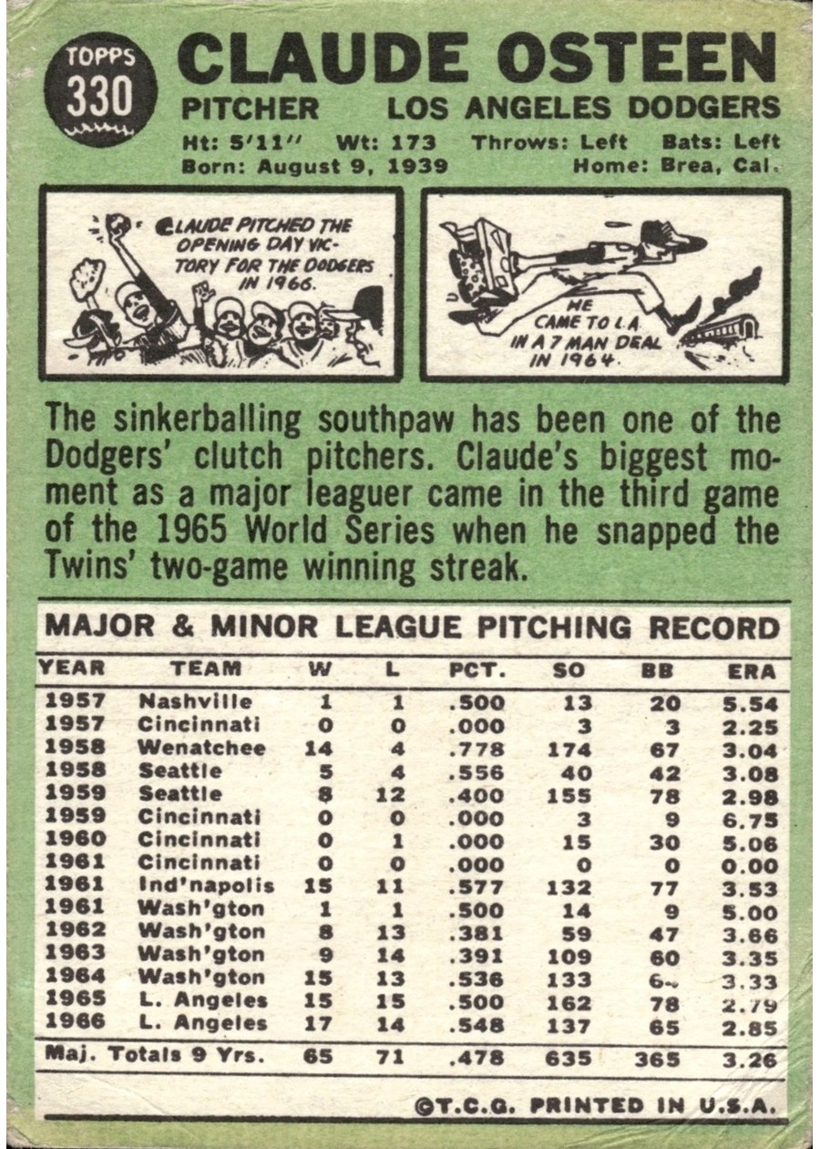1967 Topps #330 Claude Osteen card back