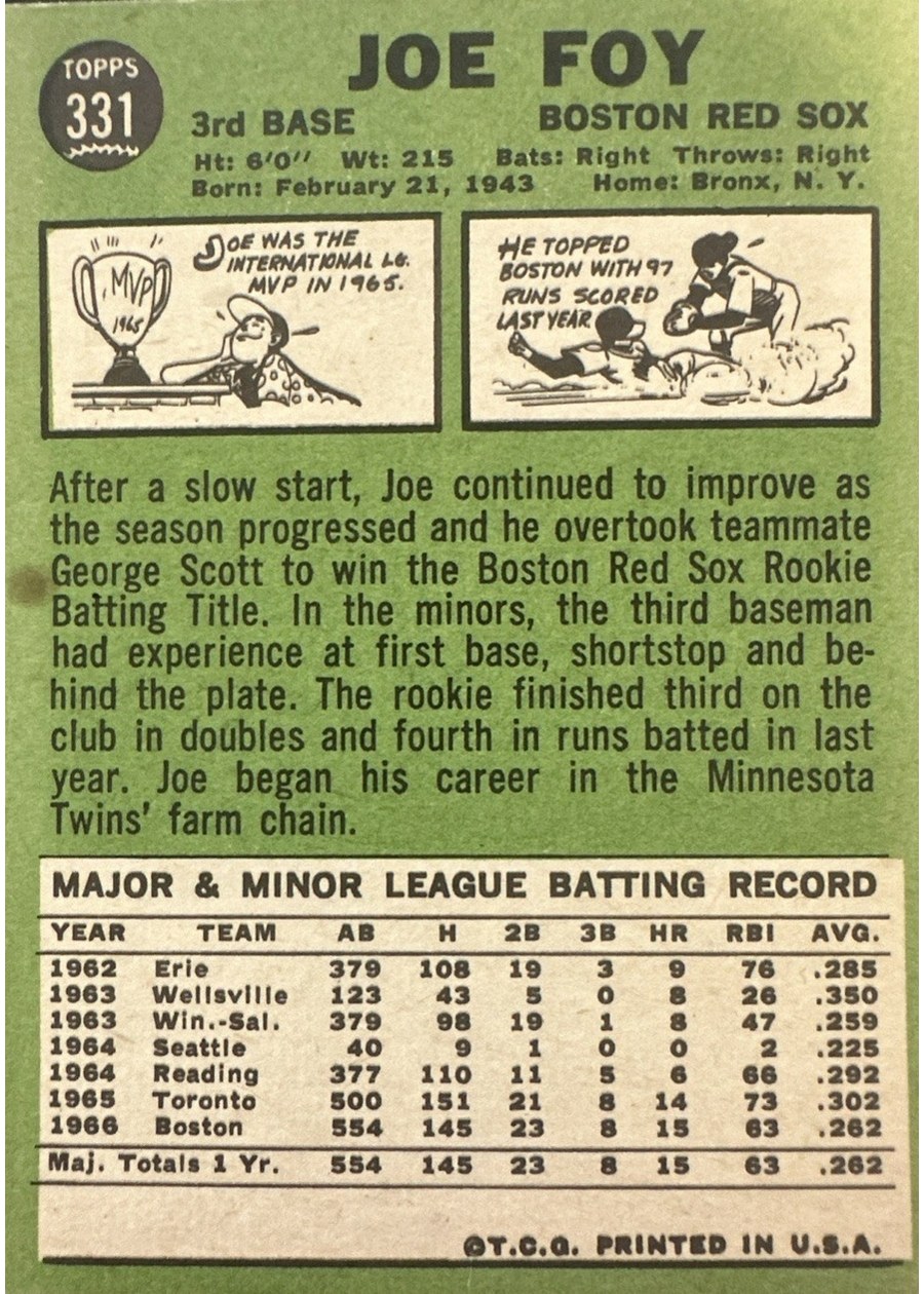 1967 Topps #331 Joe Foy card back