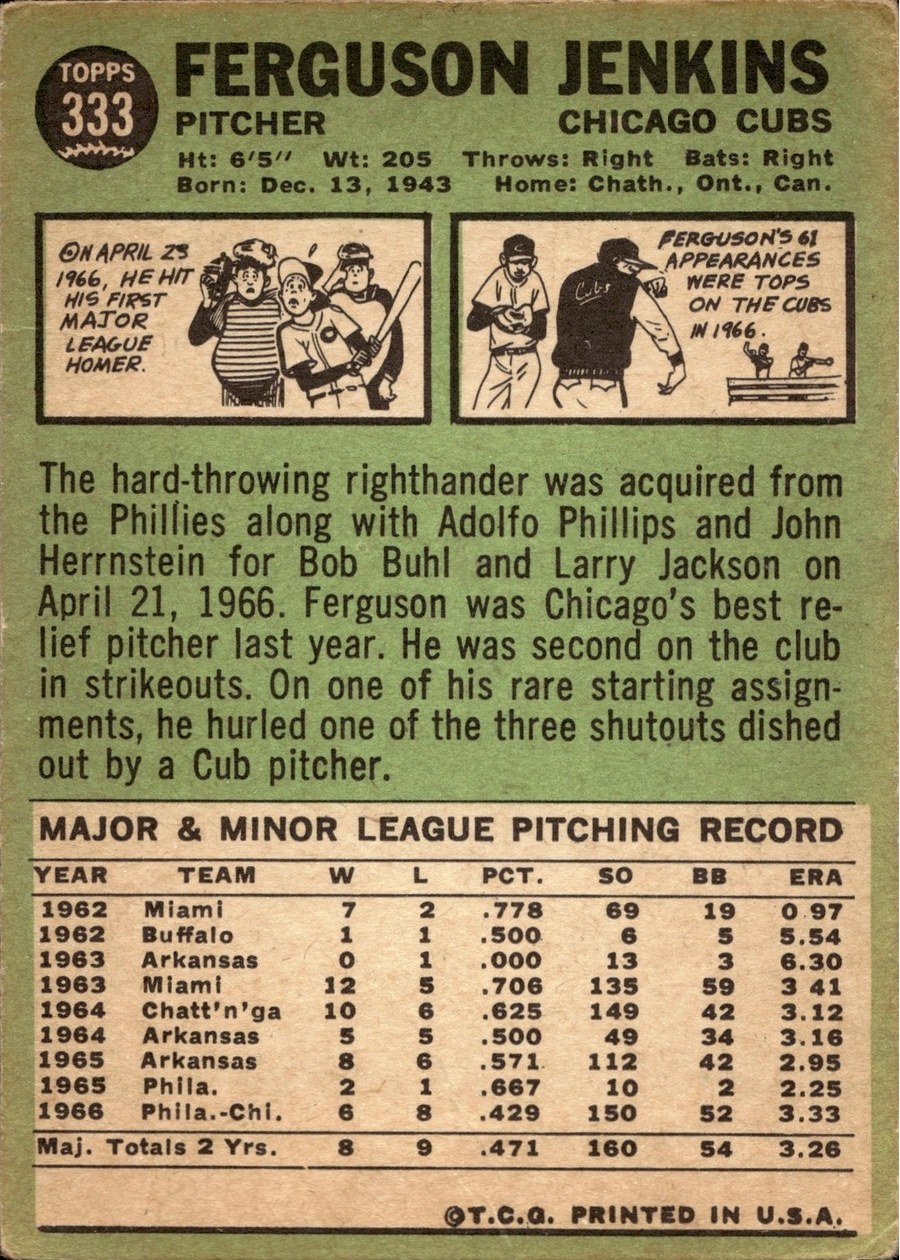 1967 Topps #333 Ferguson Jenkins card back