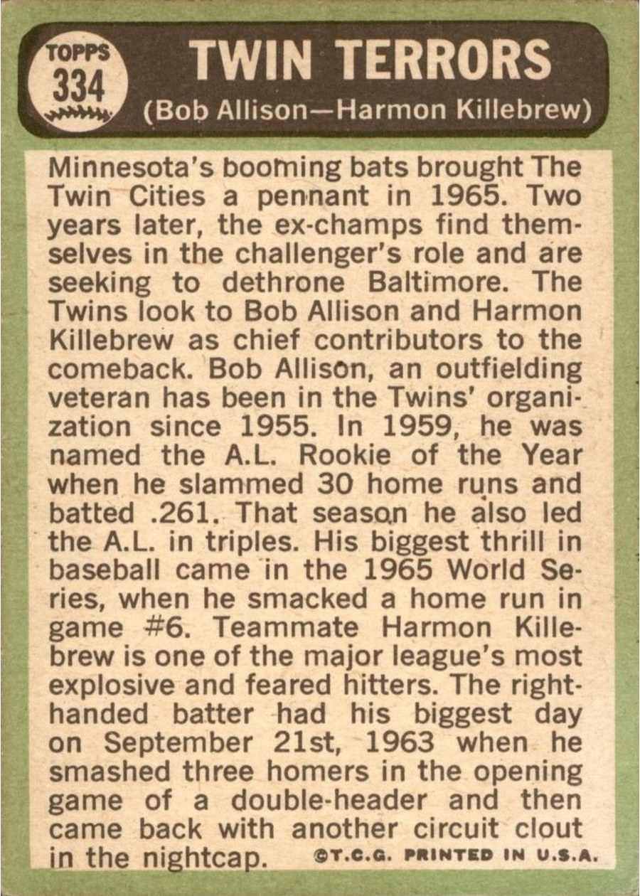 1967 Topps #334 Twin Terrors card back