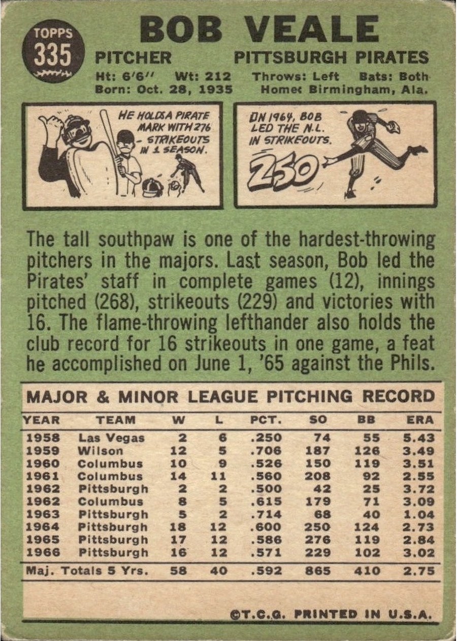 1967 Topps #335 Bob Veale card back