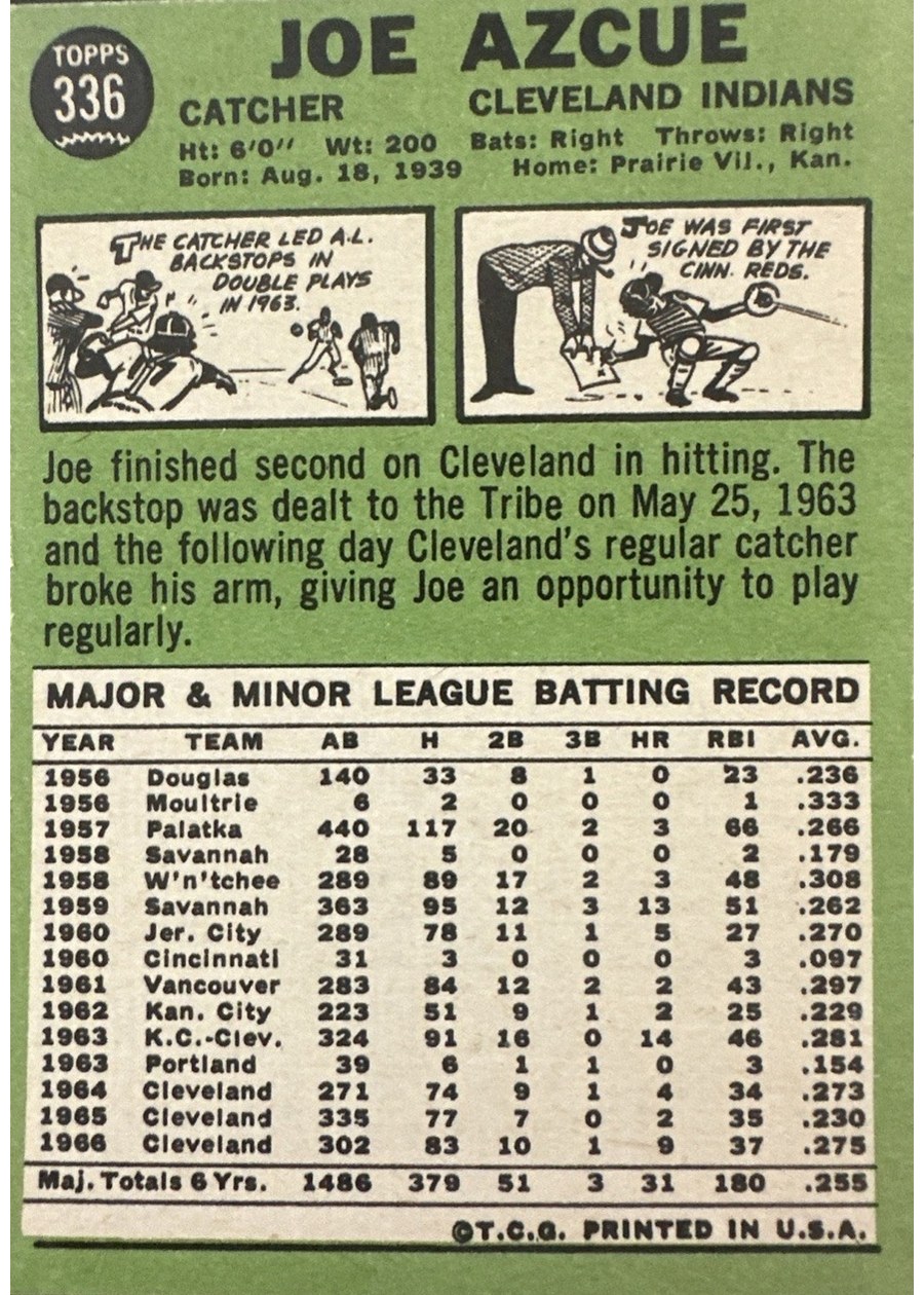 1967 Topps #336 Joe Azcue card back