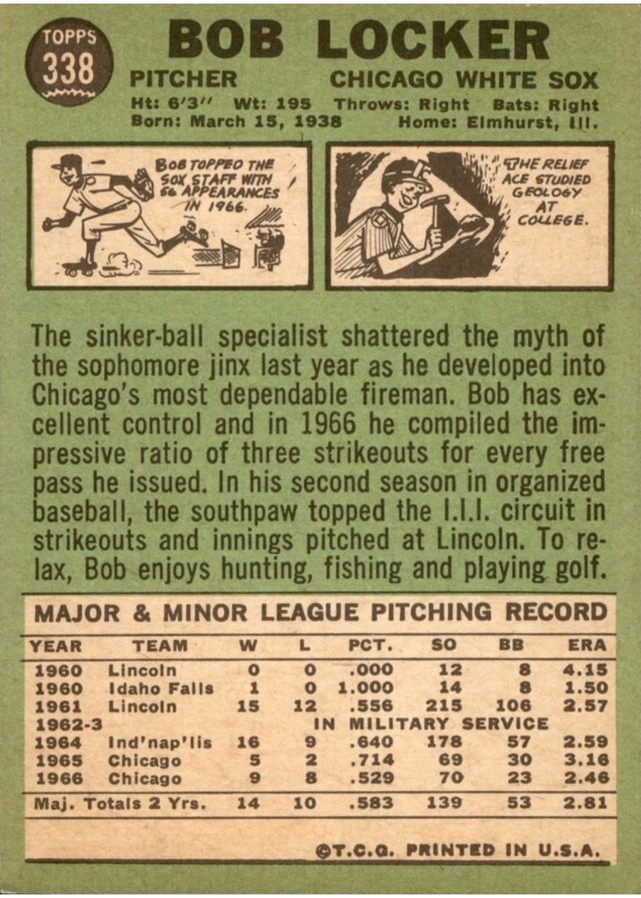 1967 Topps #338 Bob Locker card back