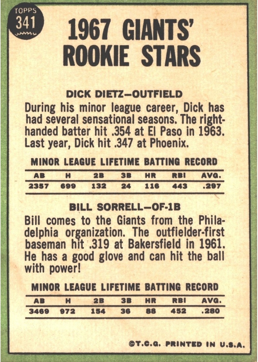 1967 Topps #341 Giants 1967 Rookie Stars card back