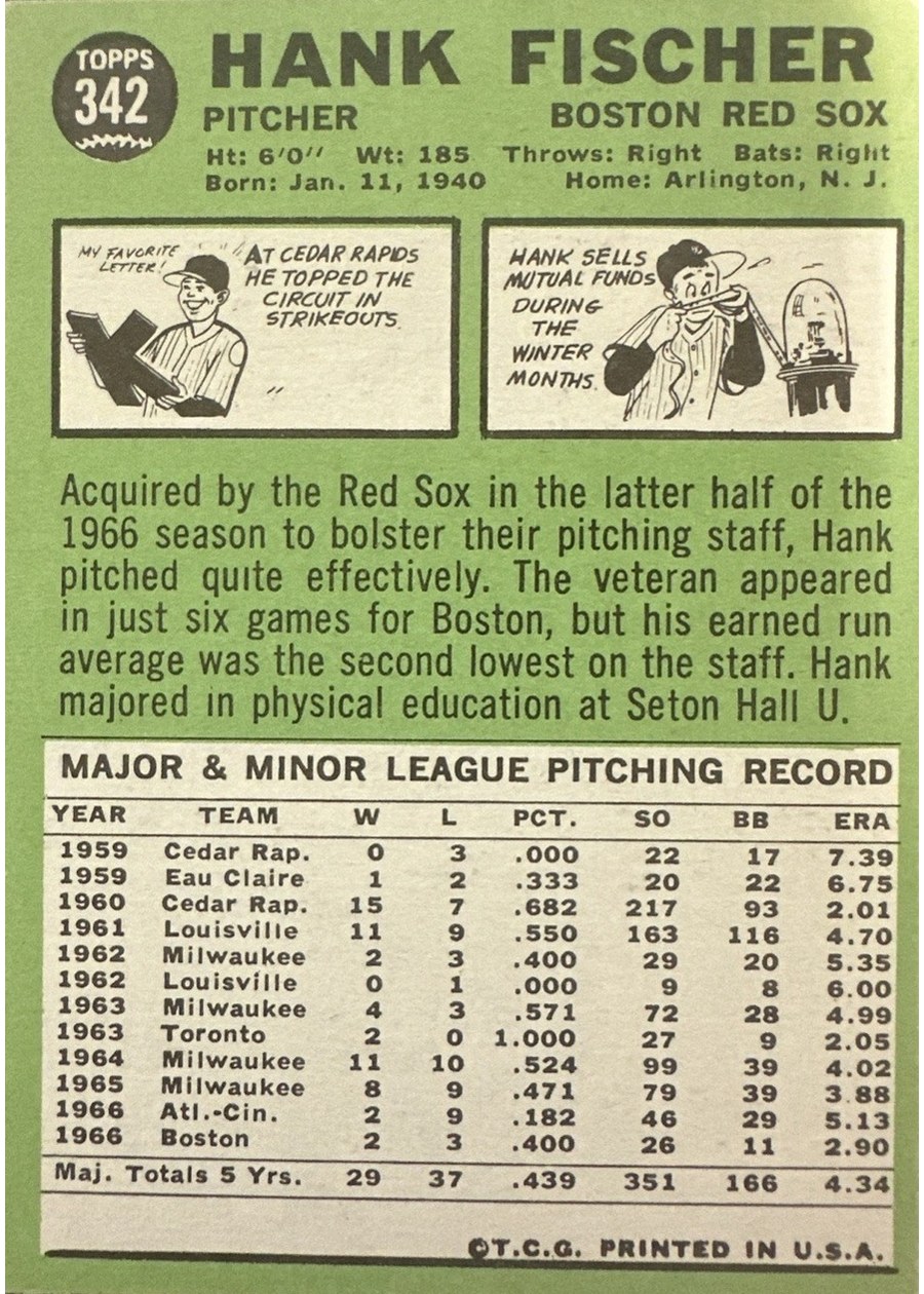 1967 Topps #342 Hank Fischer card back