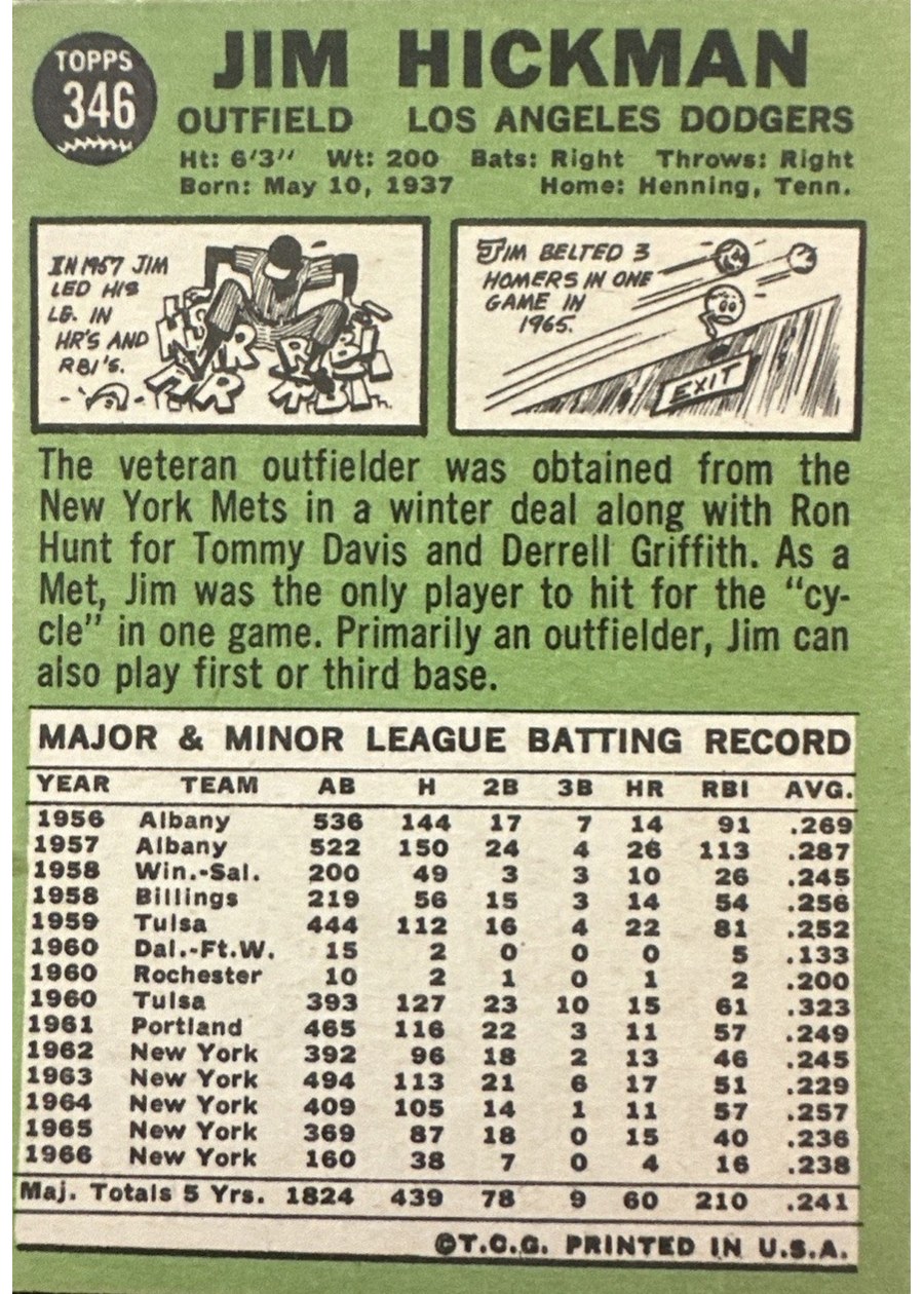 1967 Topps #346 Jim Hickman card back