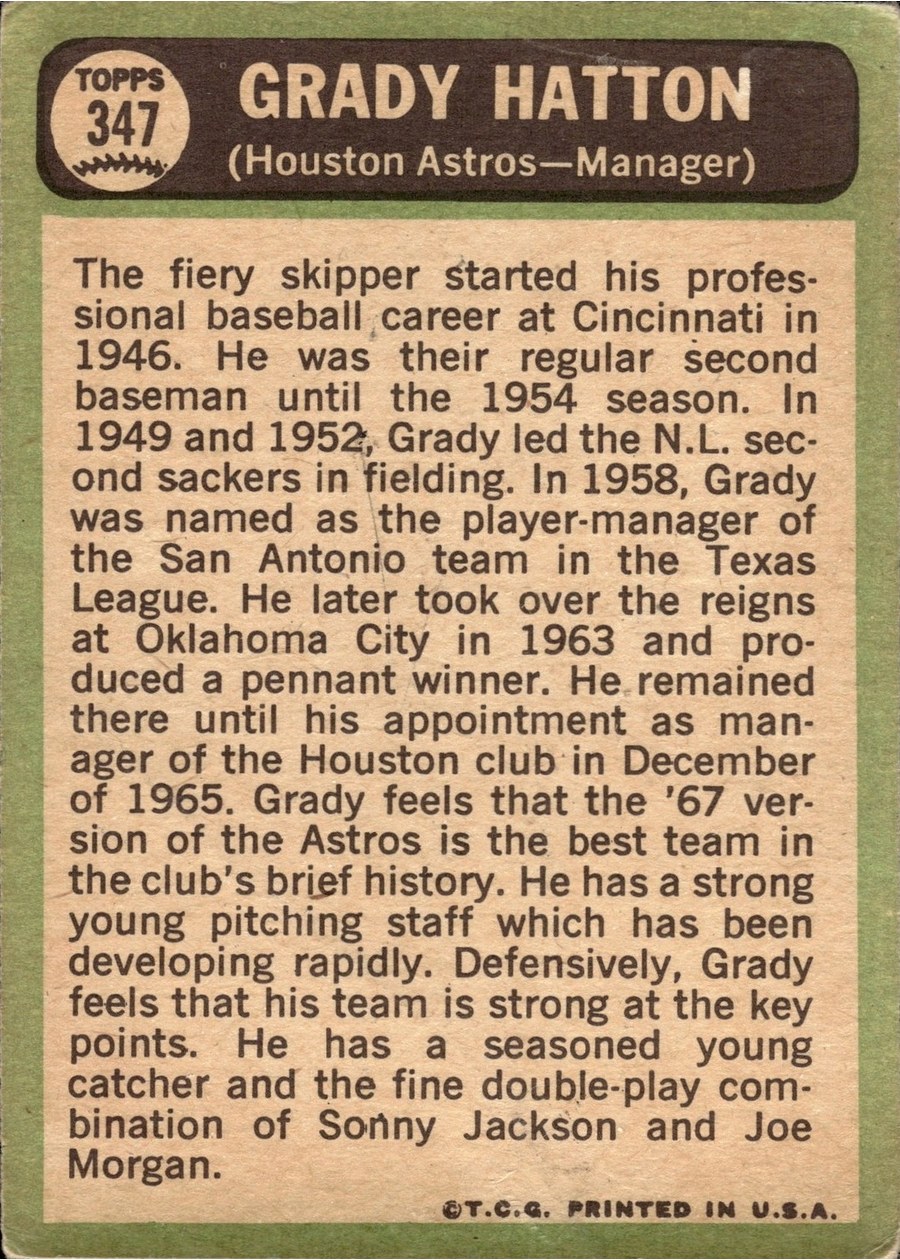 1967 Topps #347 Grady Hatton card back