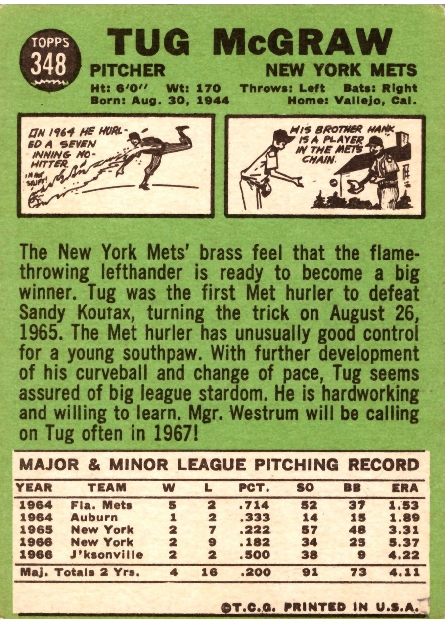 1967 Topps #348 Tug McGraw card back