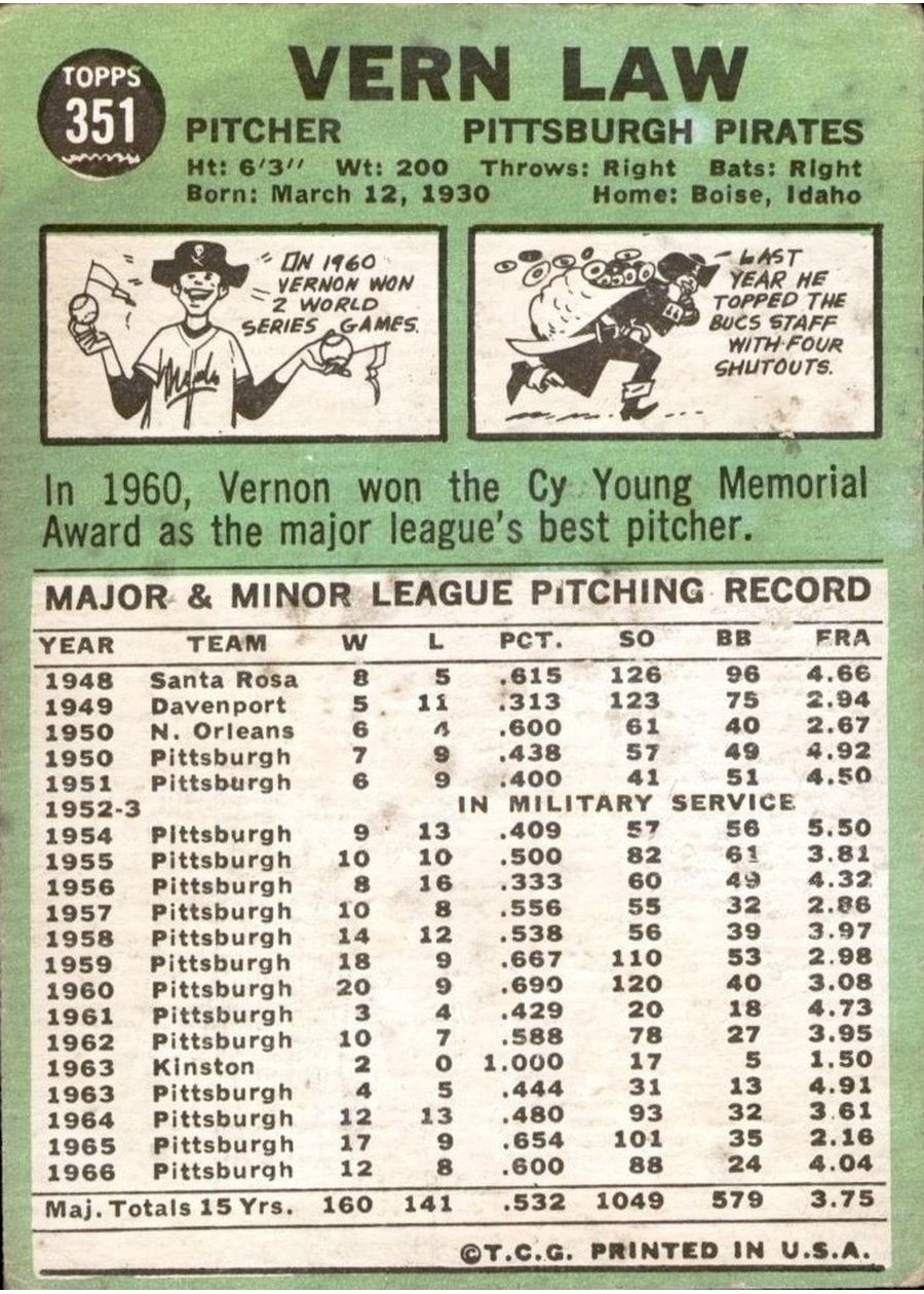 1967 Topps #351 Vern Law card back
