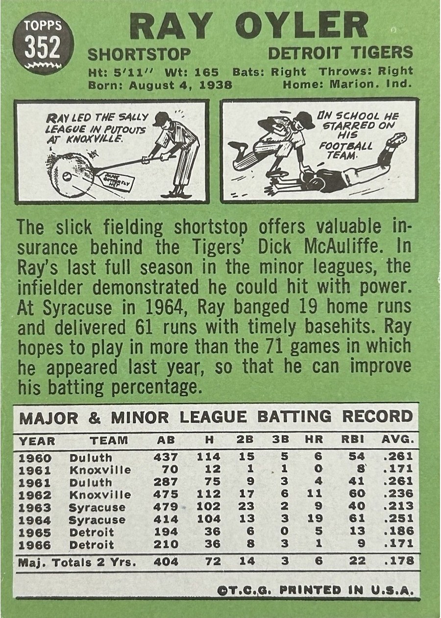 1967 Topps #352 Ray Oyler card back