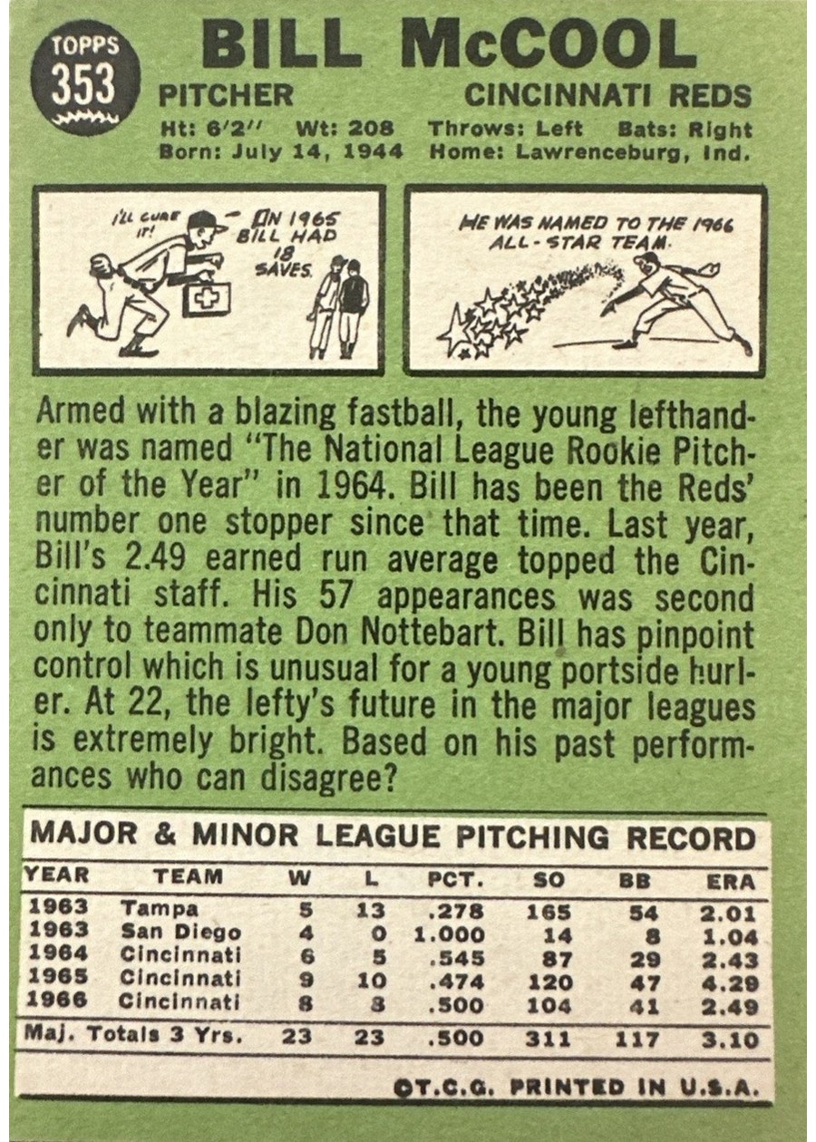 1967 Topps #353 Bill McCool card back
