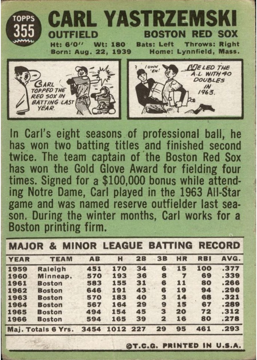 1967 Topps #355 Carl Yastrzemski card back
