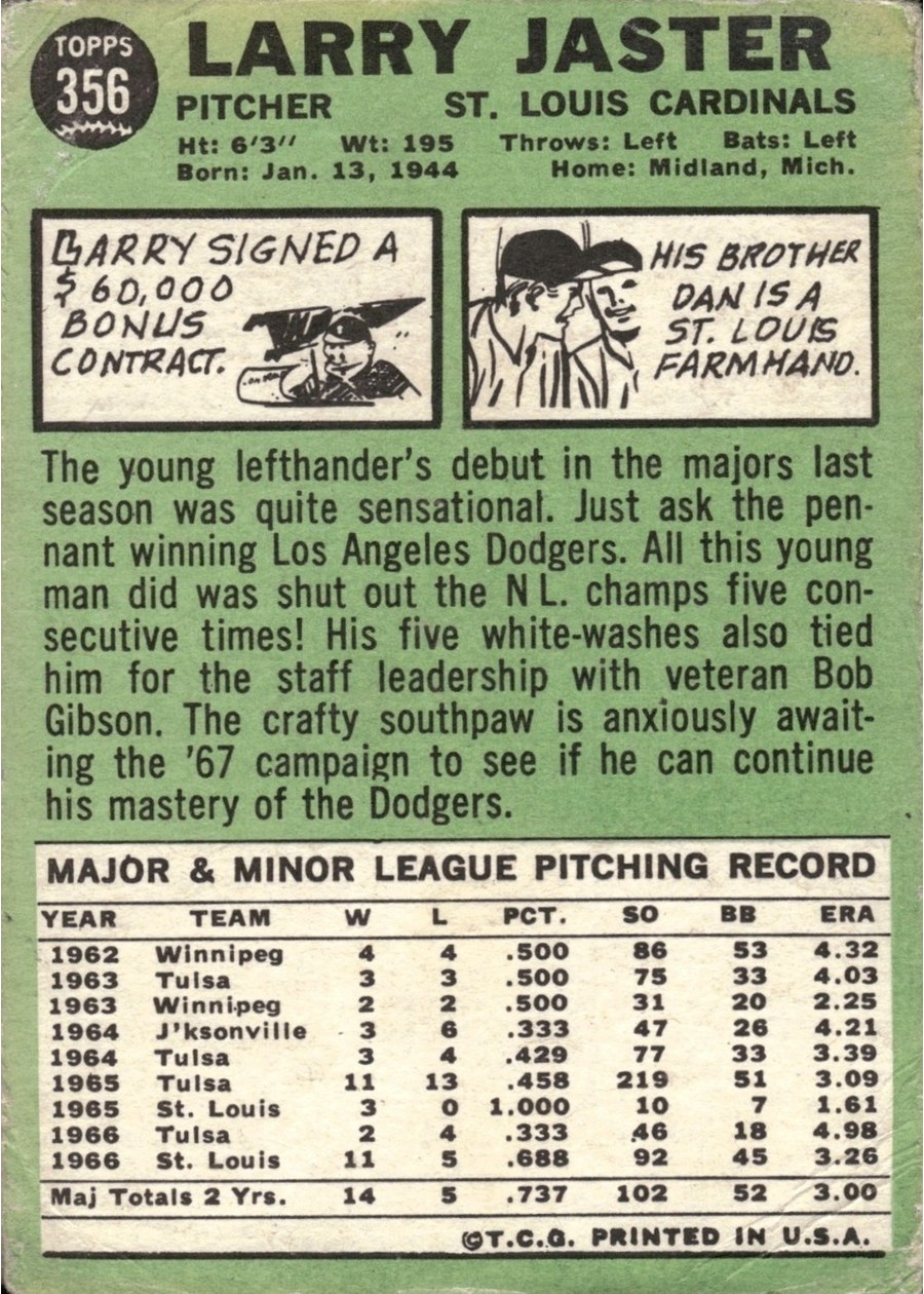 1967 Topps #356 Larry Jaster card back