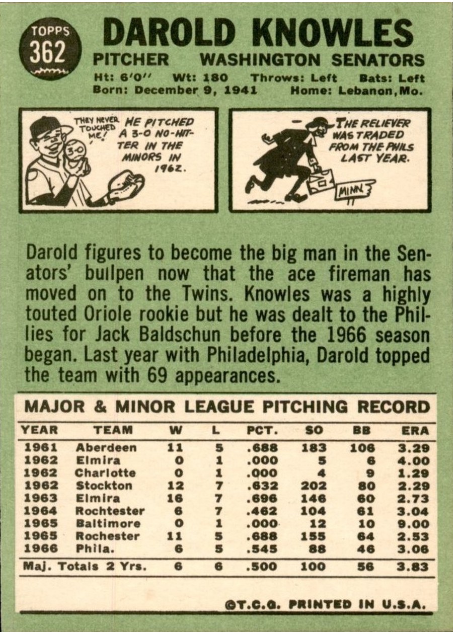 1967 Topps #362 Darold Knowles card back