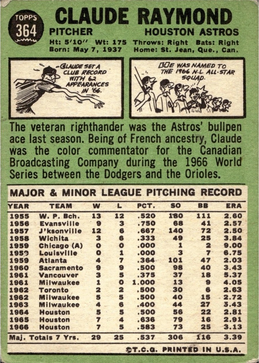 1967 Topps #364 Claude Raymond card back