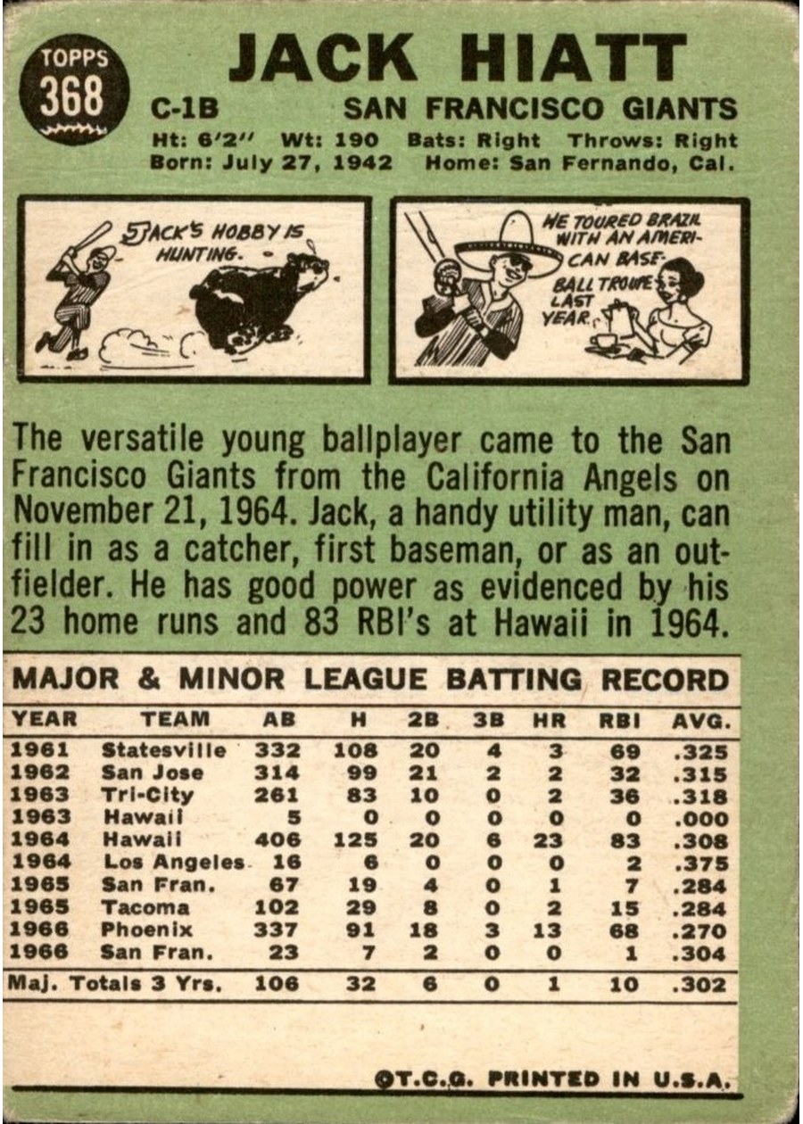 1967 Topps #368 Jack Hiatt card back
