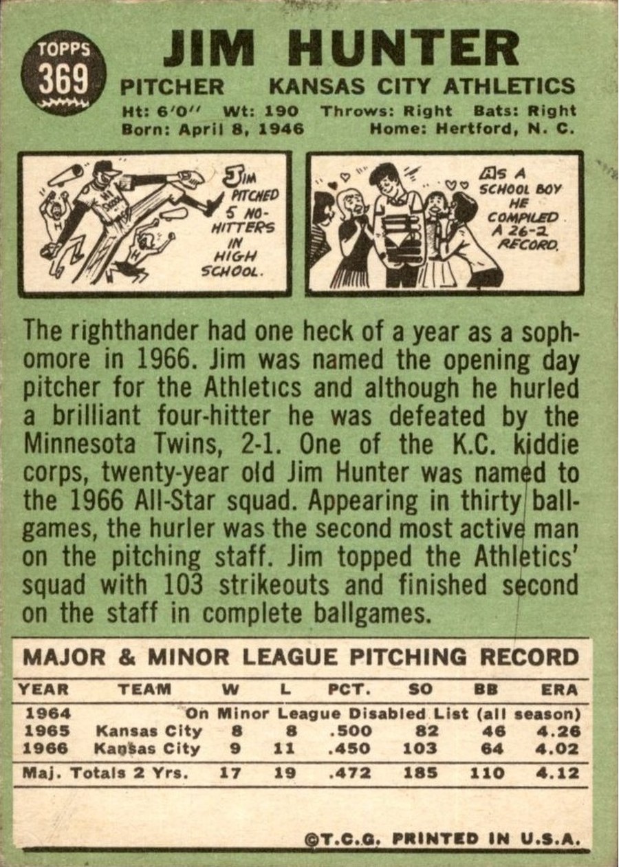 1967 Topps #369 Jim Hunter card back