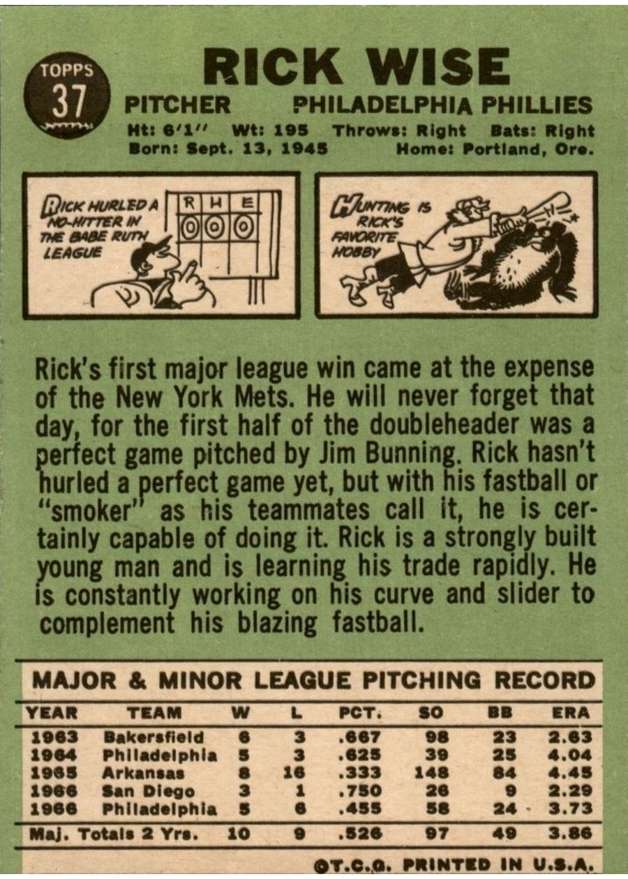 1967 Topps #37 Rick Wise card back