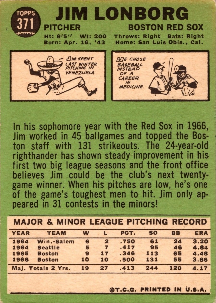 1967 Topps #371 Jim Lonborg card back