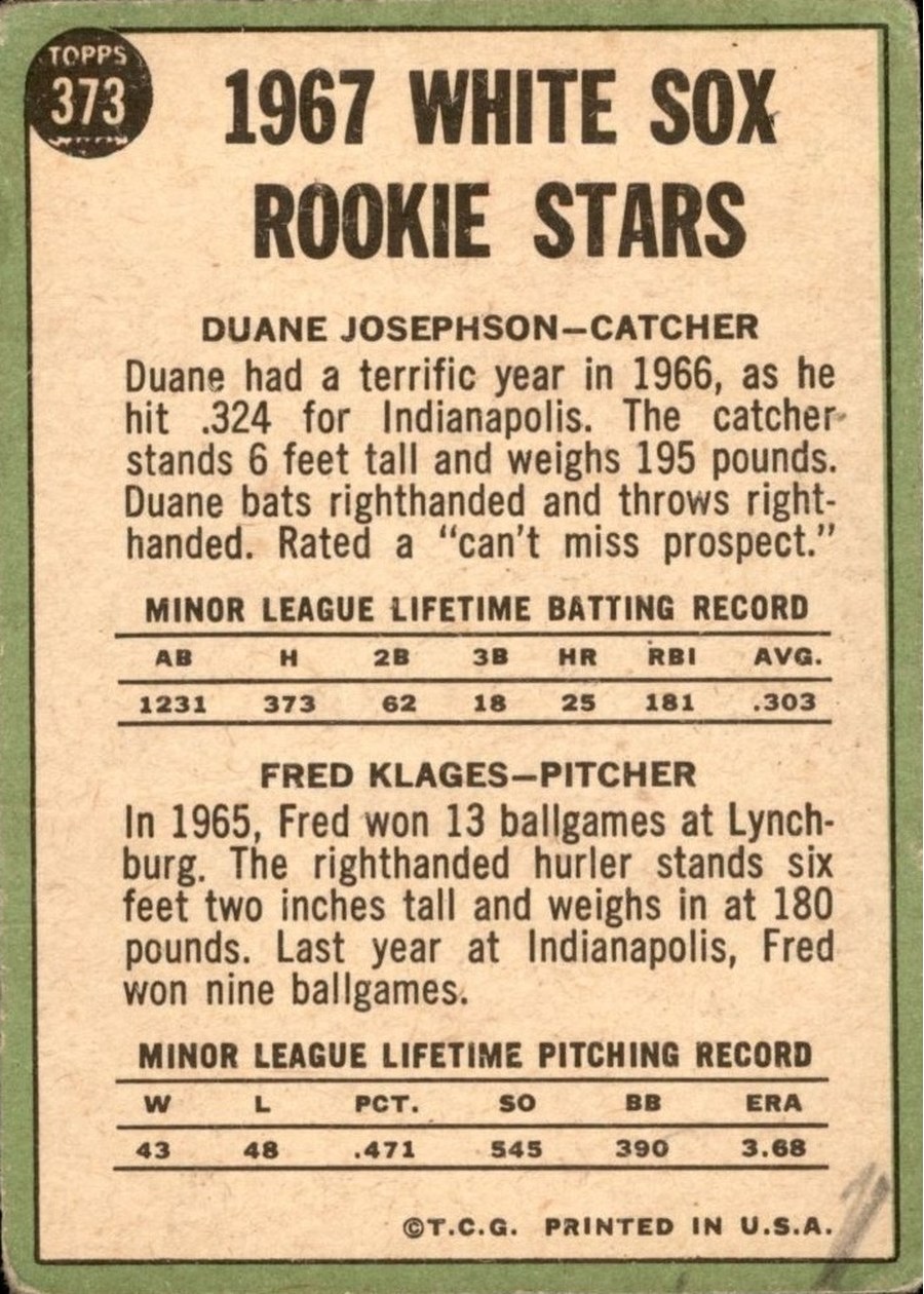 1967 Topps #373 White Sox 1967 Rookie Stars card back