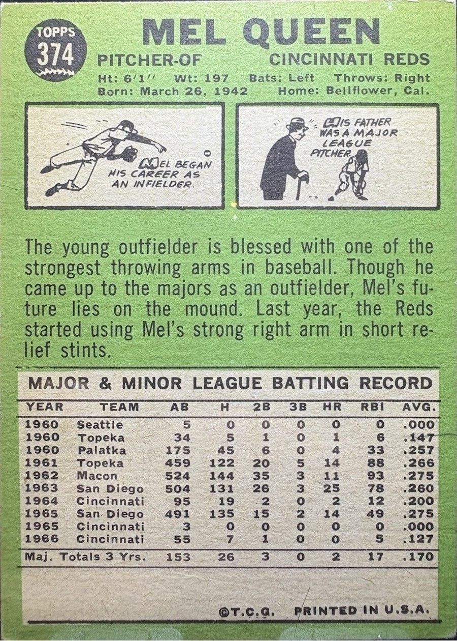 1967 Topps #374 Mel Queen card back