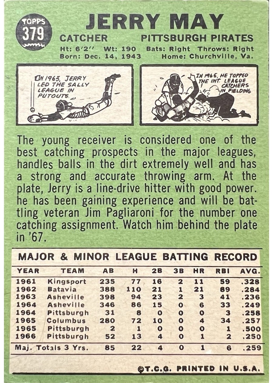 1967 Topps #379 Jerry May card back
