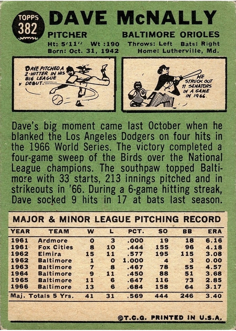 1967 Topps #382 Dave McNally card back