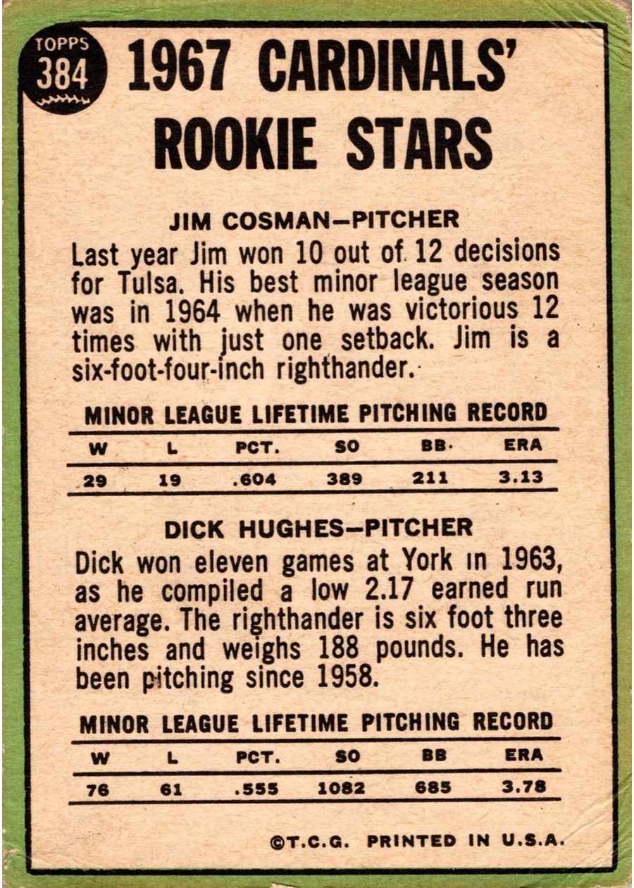 1967 Topps #384 Cards 1967 Rookie Stars card back