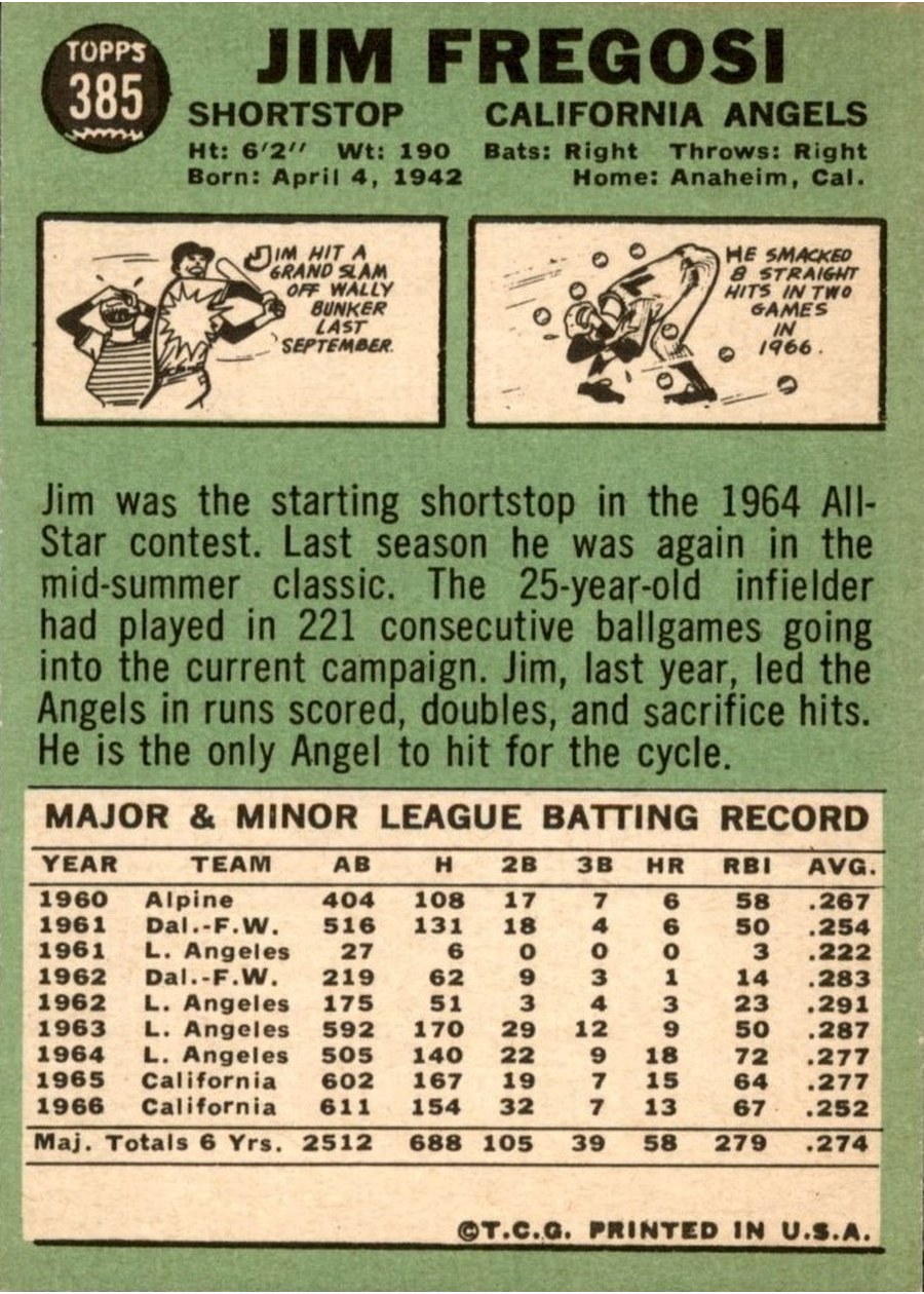 1967 Topps #385 Jim Fregosi card back