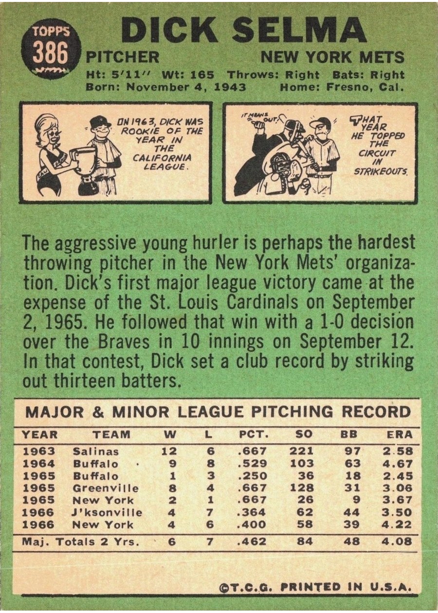 1967 Topps #386 Dick Selma card back